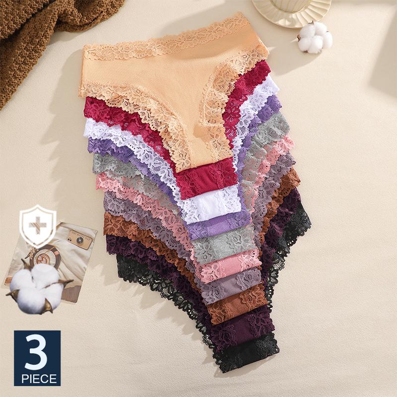 FINETOO 3Pcs Women Cotton Lace Panties Floral Intimate Briefs High Waist Brazilian Panties Female Soft Underpants Lingerie S-XXL