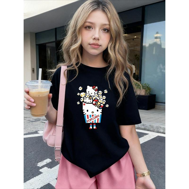 European Sizes Popcorn Bucket Print Girls' T-Shirt, Comfortable Casual Round Neck Short Sleeve Top, Summer Fashion
