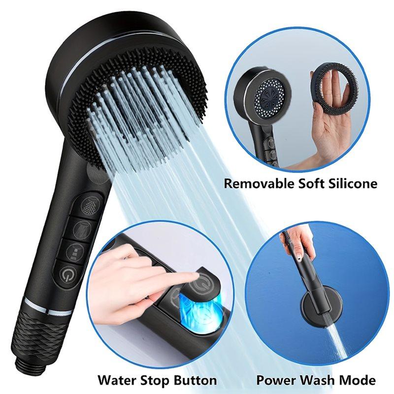 A58Z Self-Cleaning 4 Modes Shower Head With Integrated Silicone Brush One-Key Stop Water Massage High Pressure Showerhead Filter