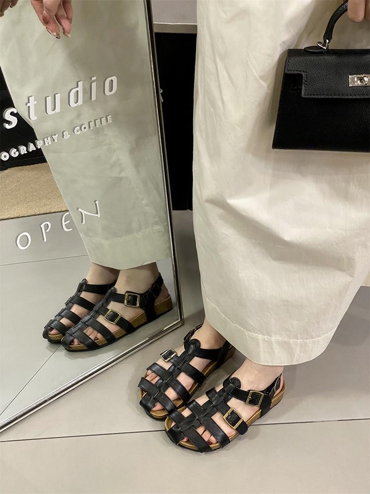 Fashion Baotou Sandals Female Buckle Strap Summer Outside Hollow Weaving Retro French Handmade Vocation Beach Roman Shoe Zapatos Mujer