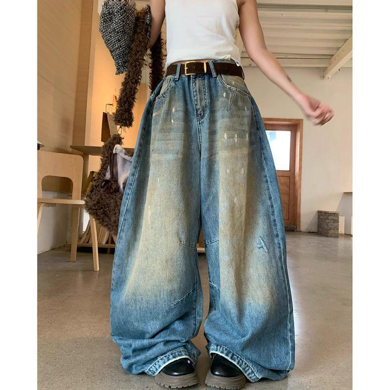 Women s Plus Size Retro Distressed Splatter Wide-Leg Jeans S (For 85-95 Jin)