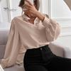 Women Shirt Stand Collar Lantern Long Sleeve Single Breasted Shirt Tops Solid Color Loose Fit Casual Shirt
