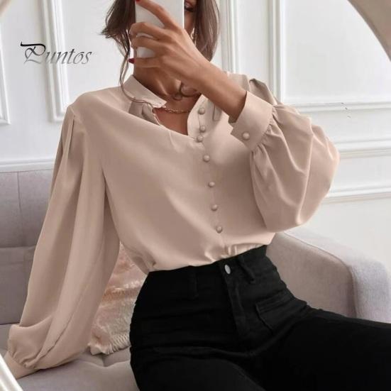 Women Shirt Stand Collar Lantern Long Sleeve Single Breasted Shirt Tops Solid Color Loose Fit Casual Shirt