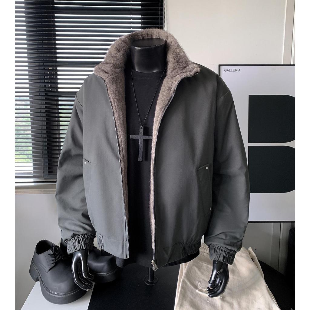 Men's Two-Sided Silver Blue Fox-Cotton Jacket with Fishbone Pattern - Thickened, Plus Velvet for Winter Warmth