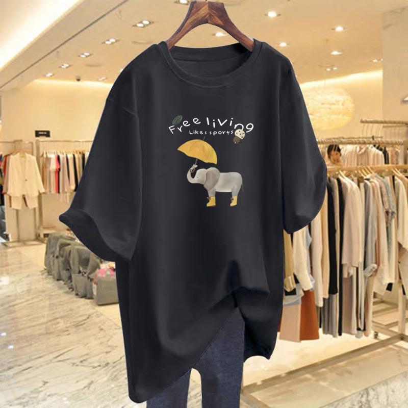 Umbrella baby elephant short-sleeved T-shirt women's summer new Korean simple and loose pure cotton non-sensory printing comfortable top