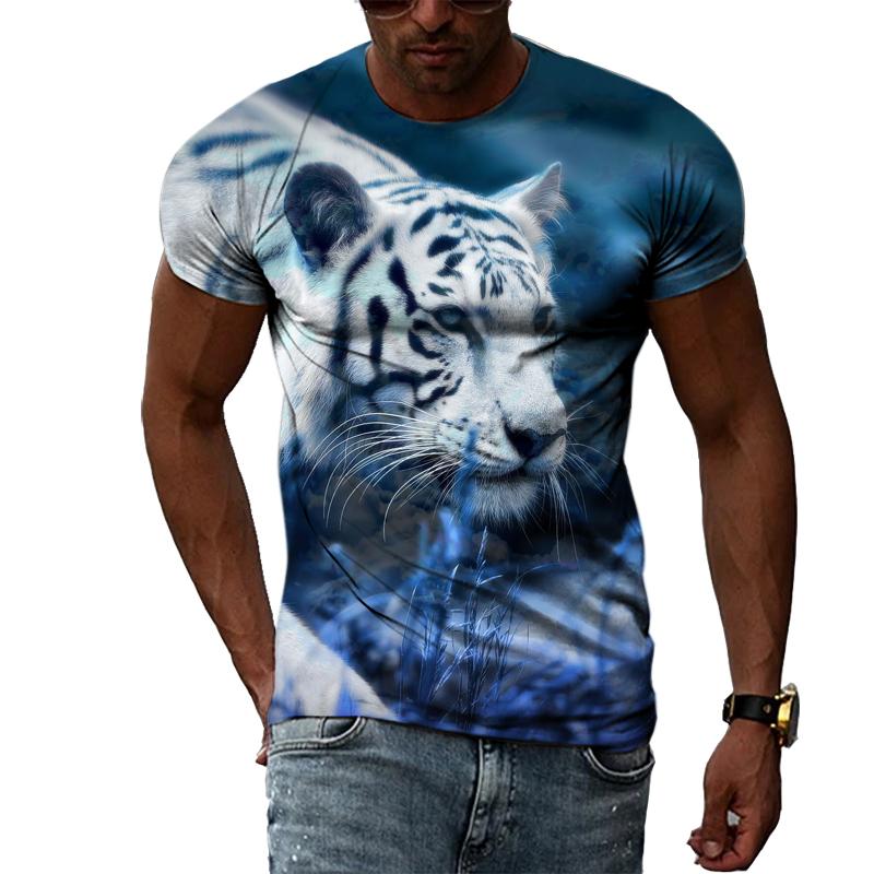 Fashion Handsome Animal Tiger Print Men T-shirt Summer Trend Casual Personality Hip Hop Street Style O-neck Short Sleeve T-shirt