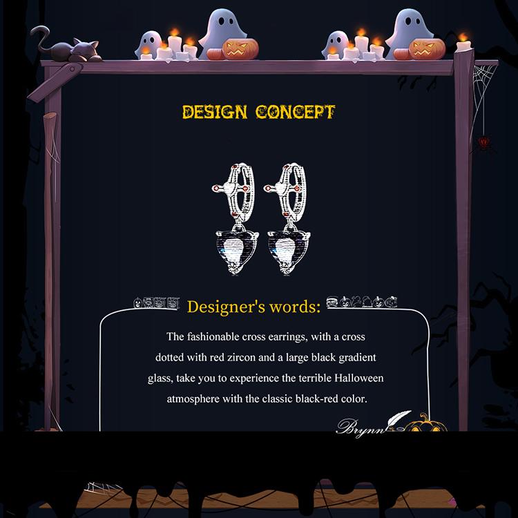 BAMOER 925 Sterling Silver Heart Bi Color Black Crystal Hoop Earrings For Women Reto Red Cross Dangle Drop Earring Halloween Gift