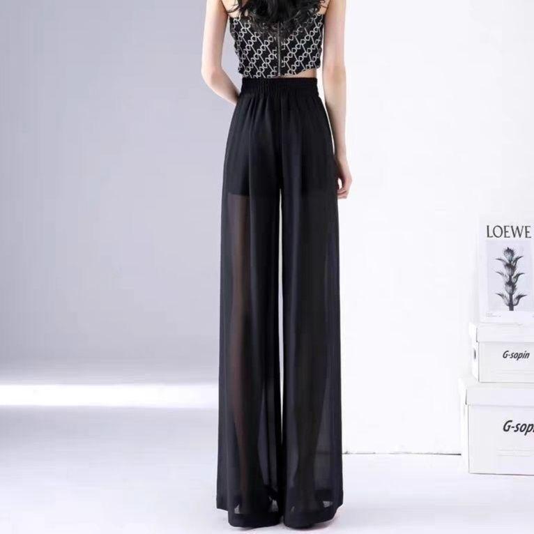 Women's High-Waisted Black Chiffon Wide-Leg Pants - Light Summer Style