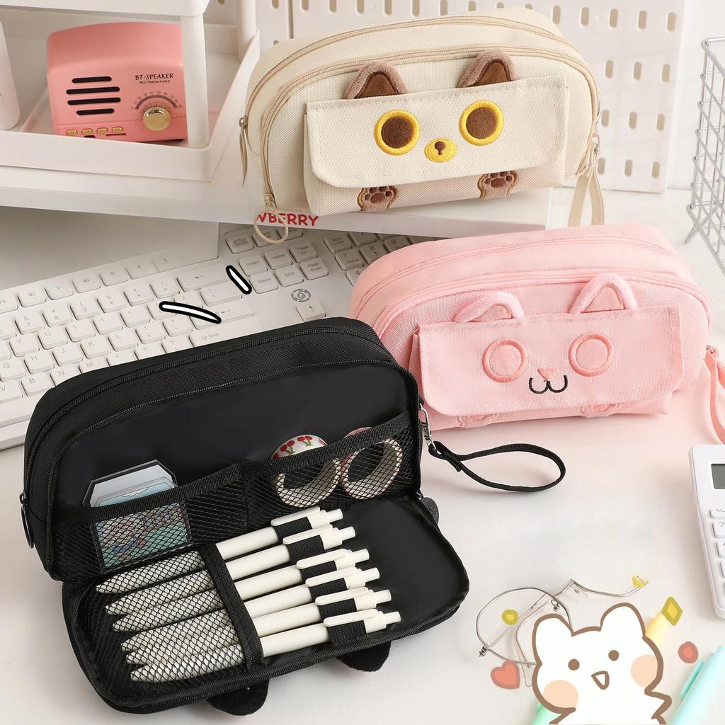 Embroidered Black Cat Pencil Case 4 Layer Large Capacity Student Stationary Boxes Portable Pen Storage Bag Office School Supplie