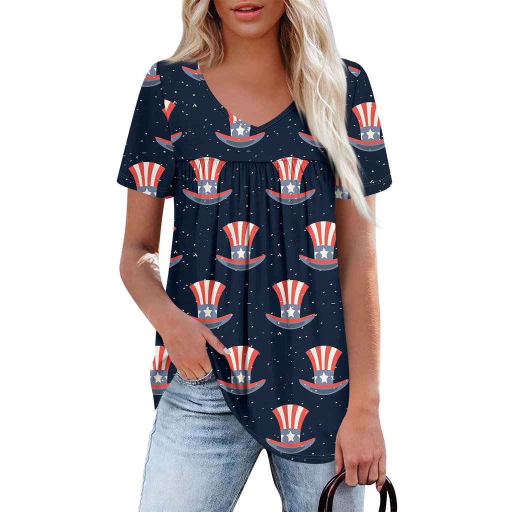 Women's Casual V-Neck Short Sleeve Chest Ruffle Printed Top
