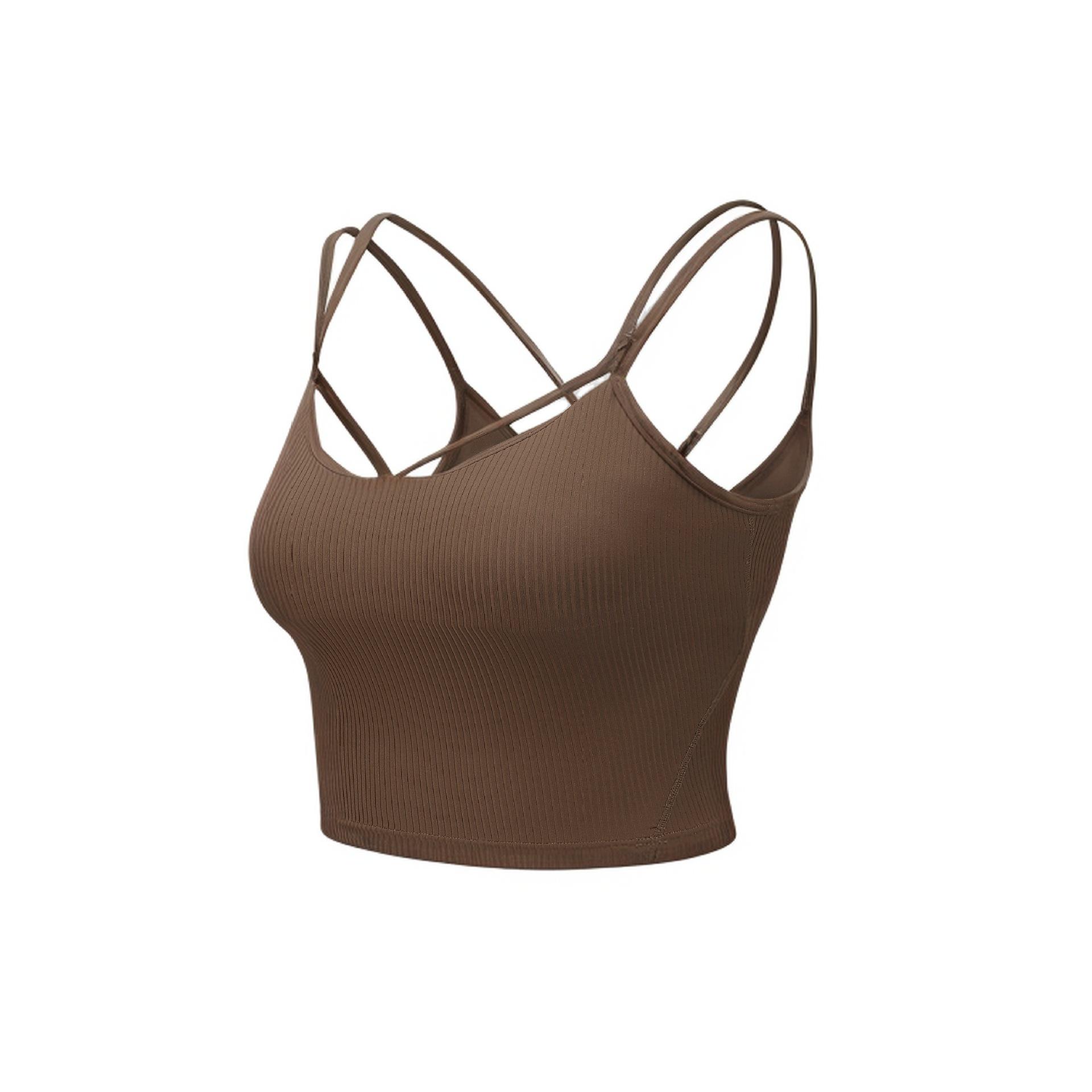 Women s Ribbed Camisole Yoga Tank Top - Sexy, Breathable, Summer Fitness Wear with Chest Pad and Body Shaping. Medium каштановый