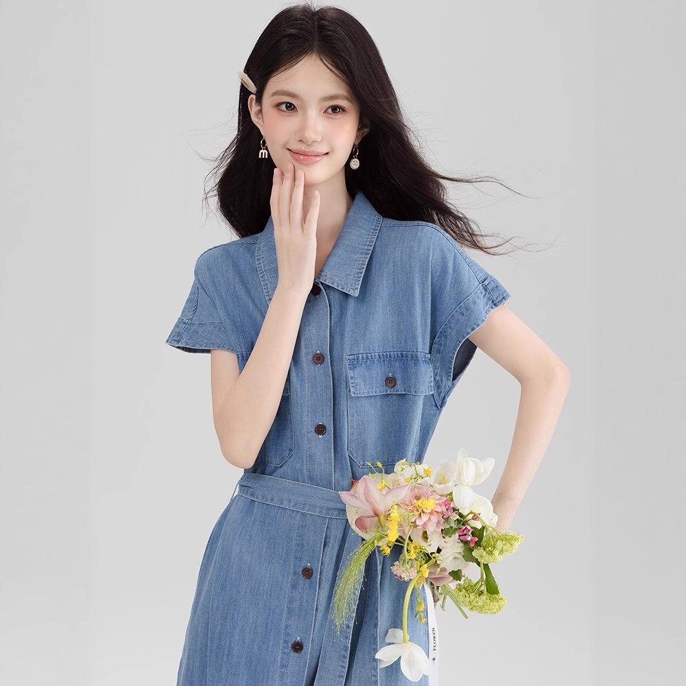 Retro Temperament Strap Waist Denim Dress Women's Summer Beautiful Short-sleeved Skirt