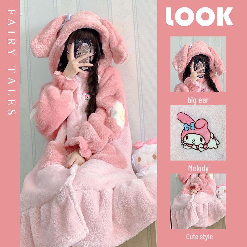 Women's Coral Fleece Hooded Pajama Set - Cute Cartoon Nightgown for Autumn/Winter