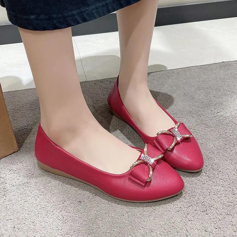 Fashion Women's Flat Shoes Low Heel Elegant Ladies Footwear Pointed Toe with Bow Chic Point Non Slip Comfortable Luxury Brand Dress On