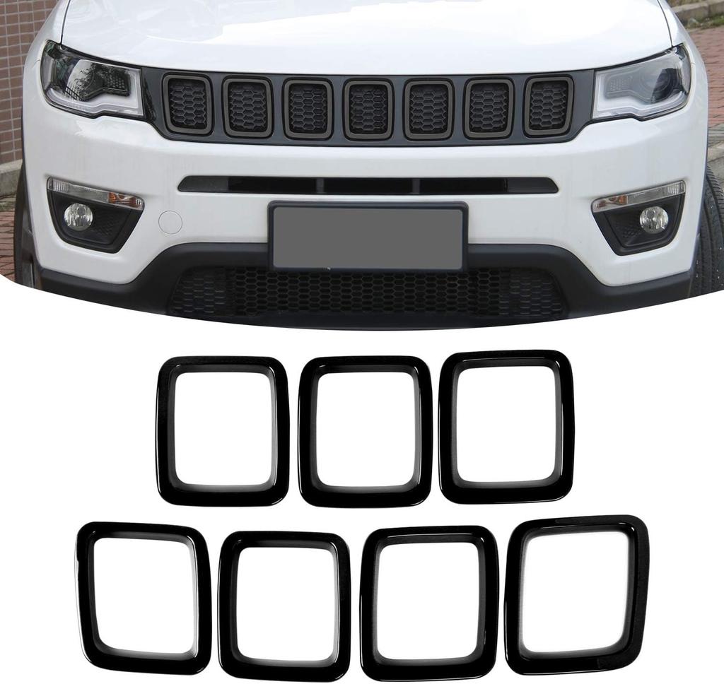 7PCS Car Carbon Fiber Grille Inserts ABS Front Grill Cover Frame Trims Kit For Jeep Compass MP 2017-2020 Exterior Accessories