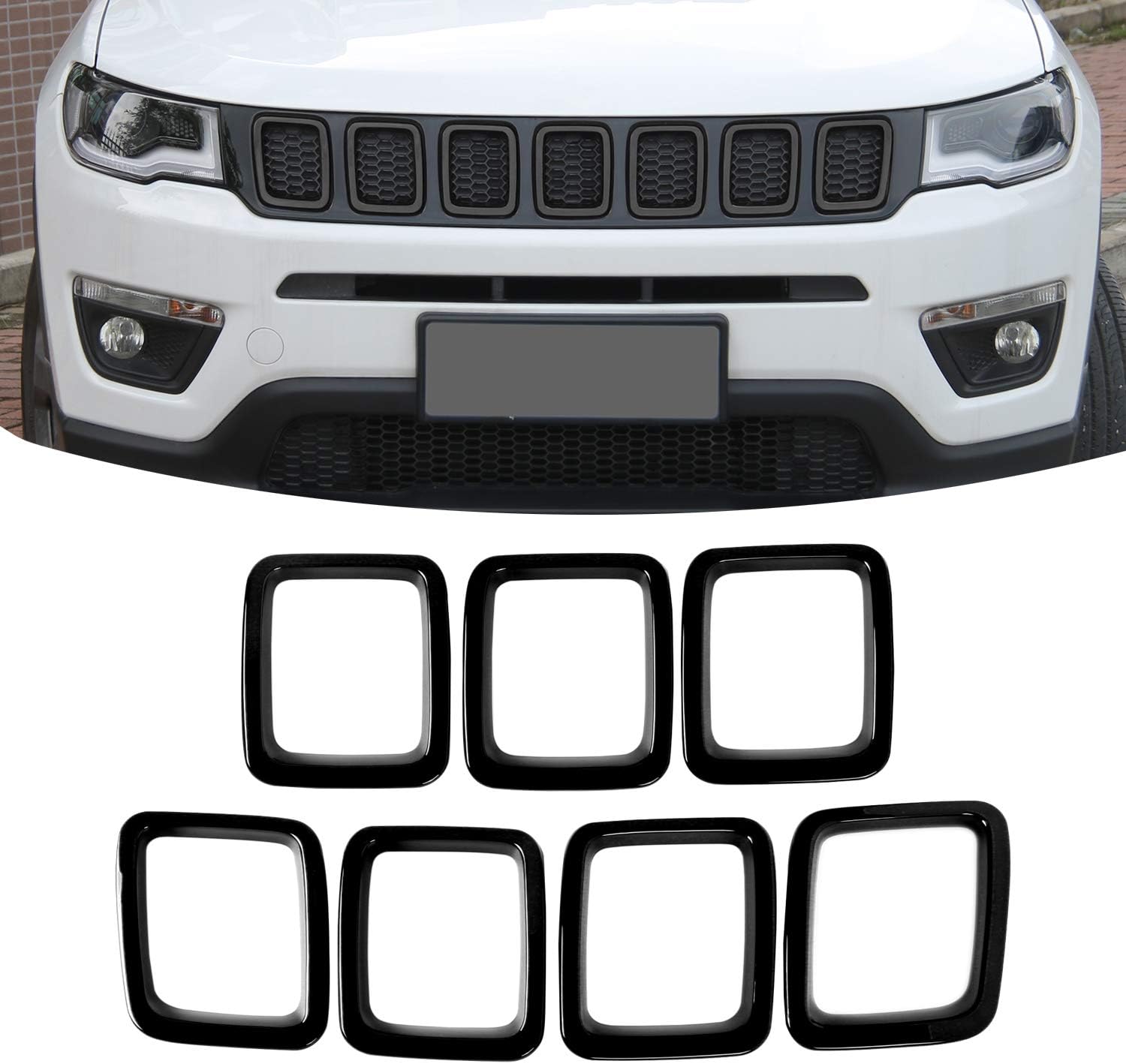 

7PCS Car Carbon Fiber Grille Inserts ABS Front Grill Cover Frame Trims Kit For Jeep Compass MP 2017-2020 Exterior Accessories чёрный