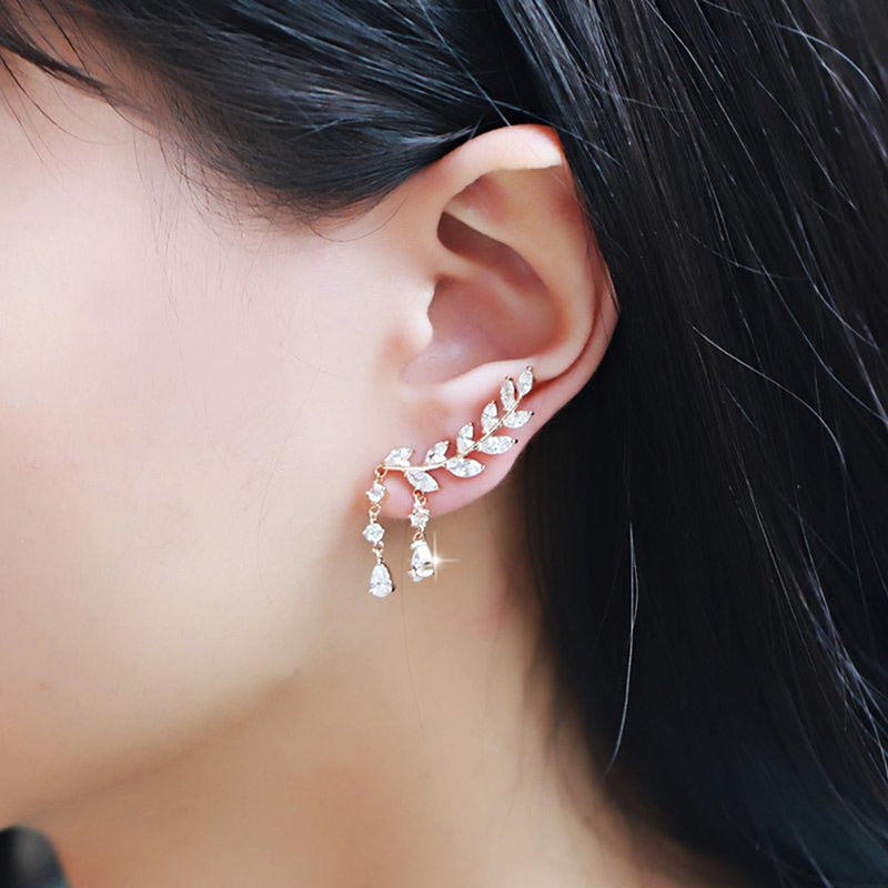 Women Gold Silver  Zircon Leaves Tassel Ear Stud Earrings Jewelry