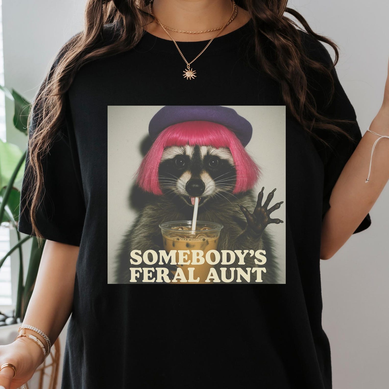 Somebody s Feral Aunt Shirt, Funny Raccoon T-Shirt, Trash Panda Graphic Tee, Pink Hair Raccoon Shirt, Funny Aunt Gift, Retro Animal Humor. L