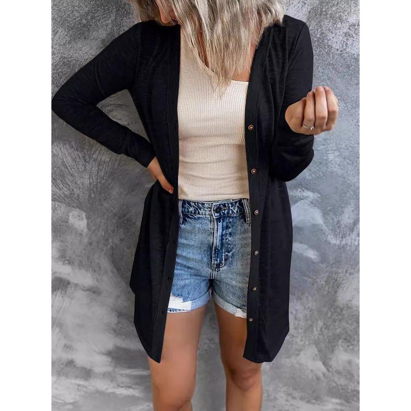 

Fall and Winter Fashion Style Cross-Border New Arrival Amazon Wish Women Long Button Solid Color Casual Long Sleeves Cardigan Female Light pink M