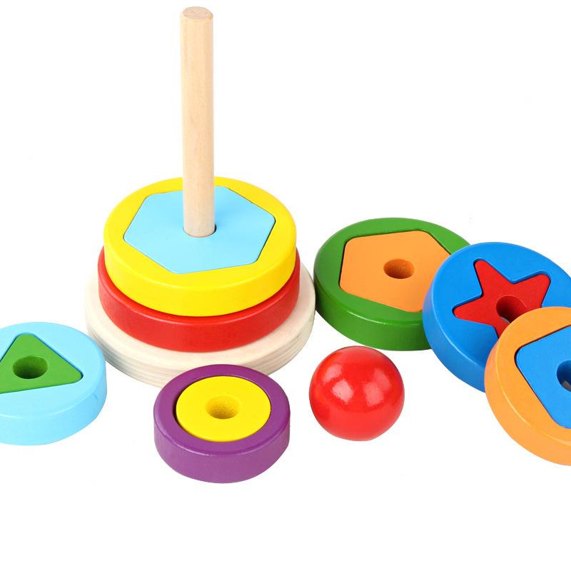 Wooden Children's Educational Hannota Rainbow Stack Music Ring Matching Building Block Color Cognitive Toy