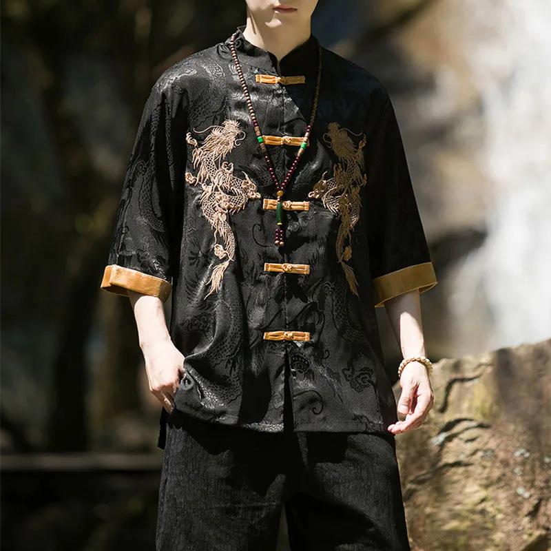 Summer Chinese Traditional Dress Plus Size High Quality Dragon Embroidery Shirt Men Clothing Ice Silk Short Sleeve Vintage Tops