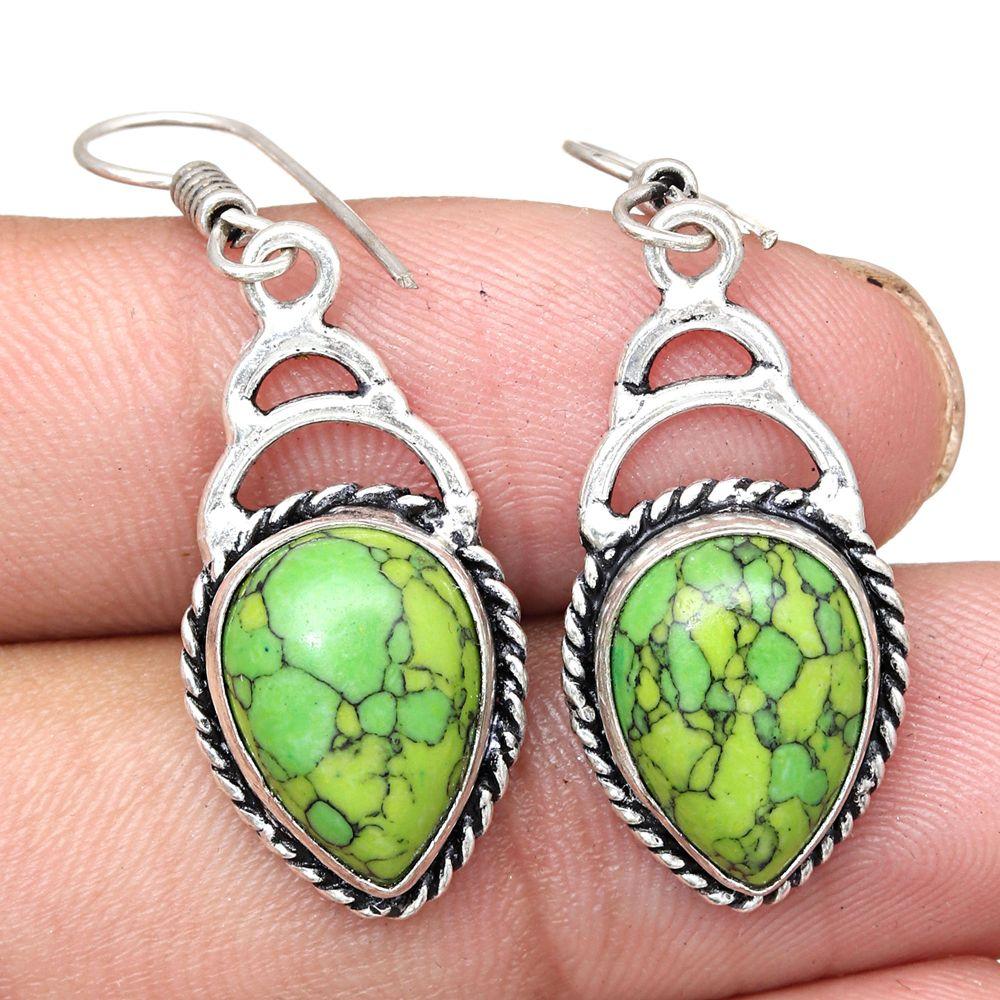 Green Turquoise Gemstone Handmade Gift For Her Silver Jewelry Earrings 1.5"