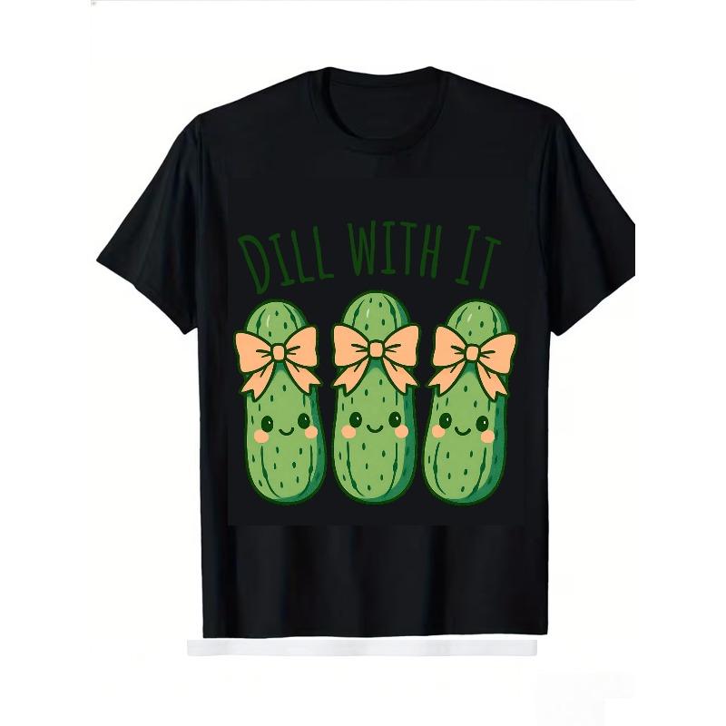 European sizes Pink T Shirt with Dill Pickle Design And Text Dill with It for Kids Outdoor Play - And Casual Wear