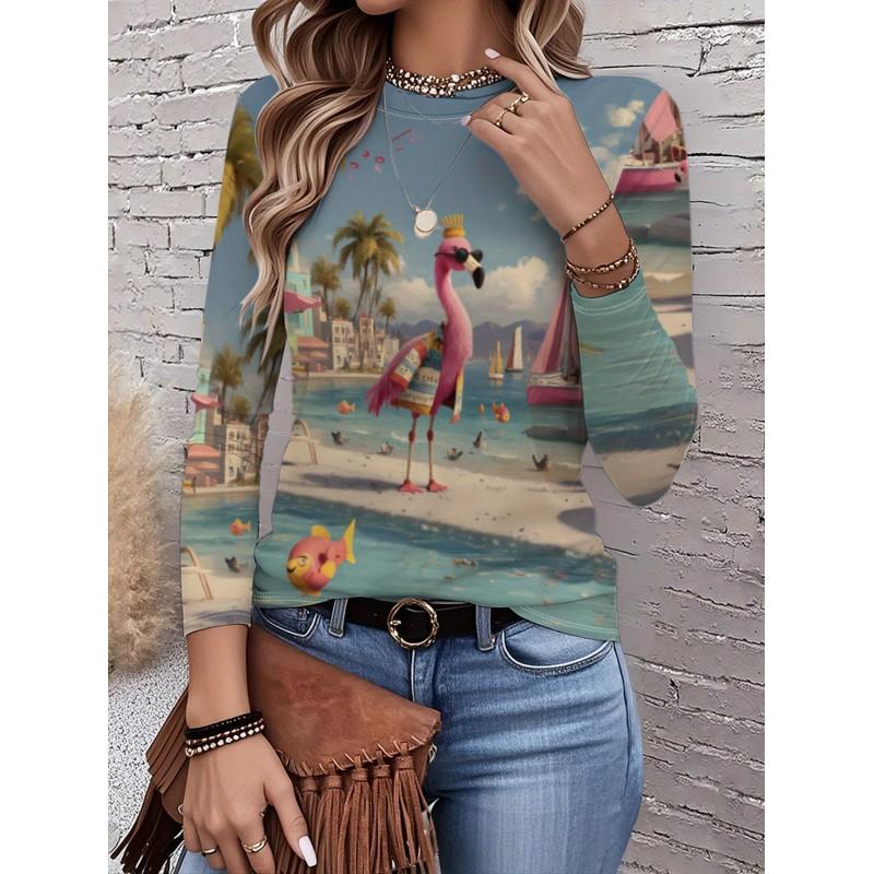 Womens Round Neck 3D Dinosaur Print Tee - Casual Fit 7/8 Sleeve 2025