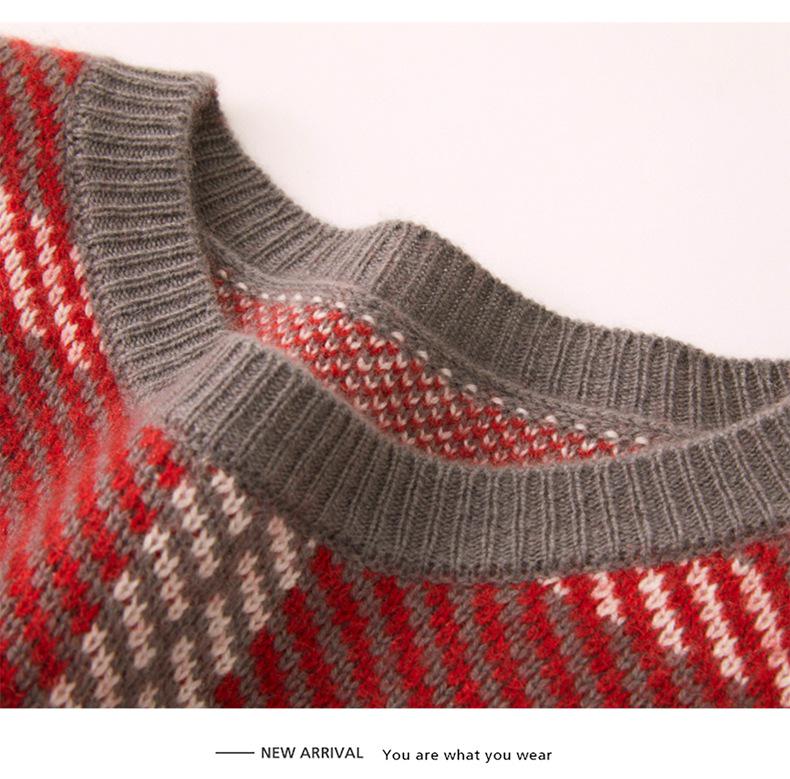 Women's Korean-Style Retro Plaid Knit Cashmere Sweater - Loose Fit, Thick Long Sleeve Pullover