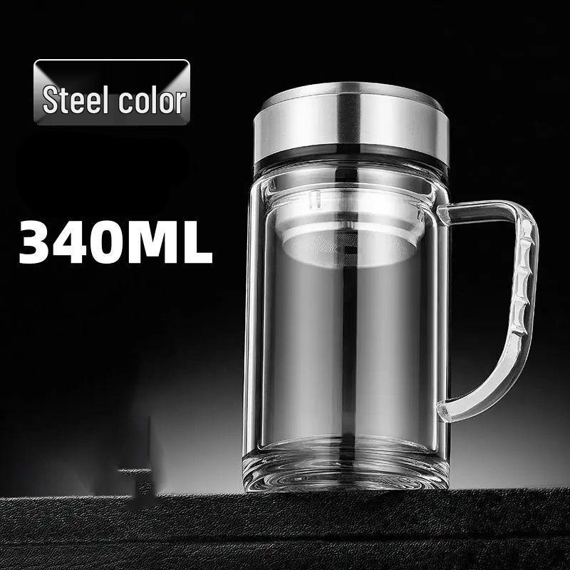 Men's Double-Layer Glass Teacup with Handle - Large Capacity for Office and Home Use
