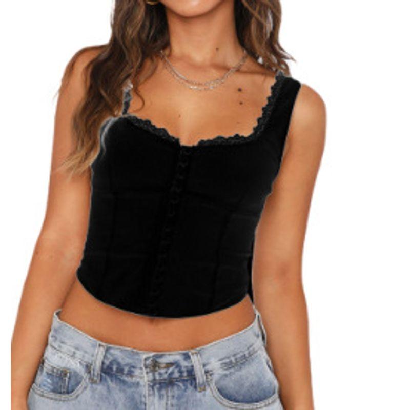 

Halter Lace Square Collar Button Vest Sling Lace Square Collar Button Vest Women Black L