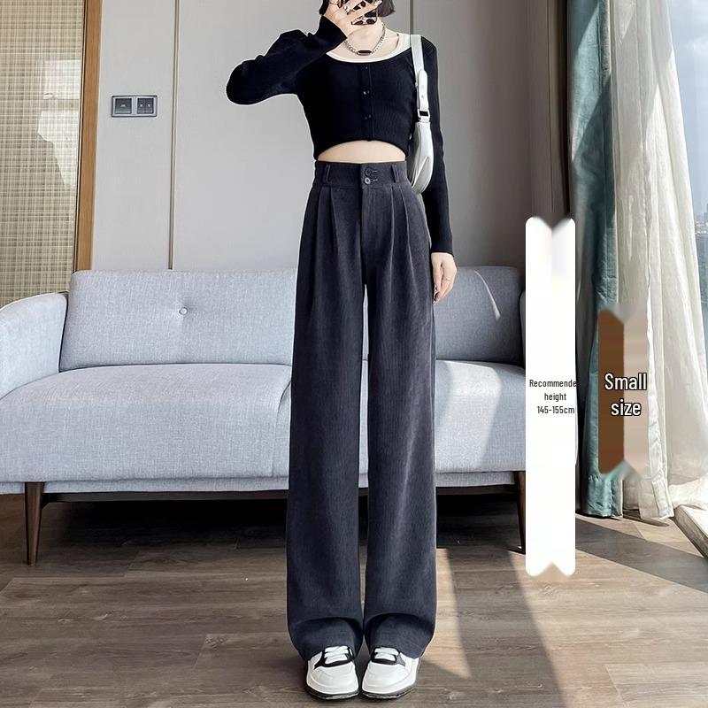 145cm Fleece-Lined High-Waisted Wide-Leg Chenille Pants - Women's XS, Petite, Black, Casual Autumn/Winter
