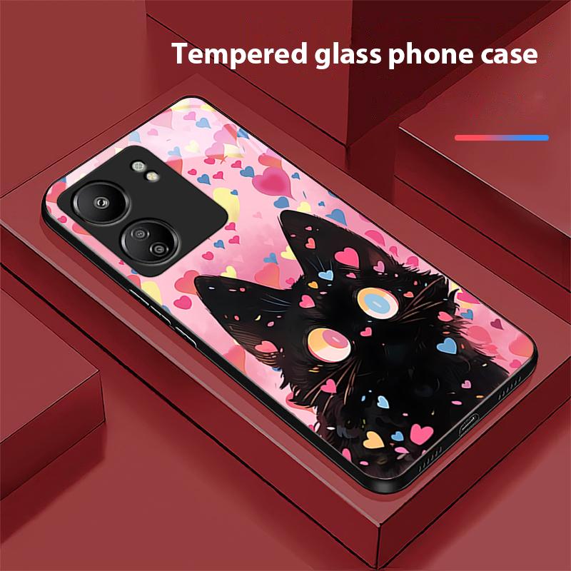 Roztomilý malý černý kočička Pro Xiaomi Redmi 13C Note13 12 Pro Plus 5G Note 9 13T Pro POCO X6 F5 F6 Černý tvrzený skleněný kryt na telefon