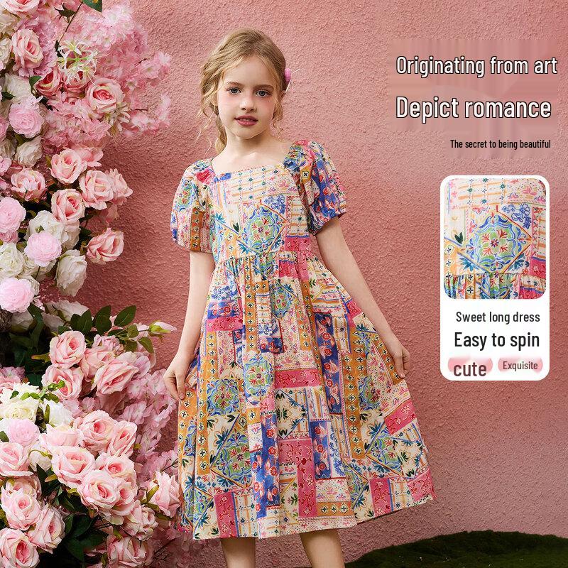 ASK JUNIOR Girls Summer Color-block Puff Sleeve Princess Dress 130