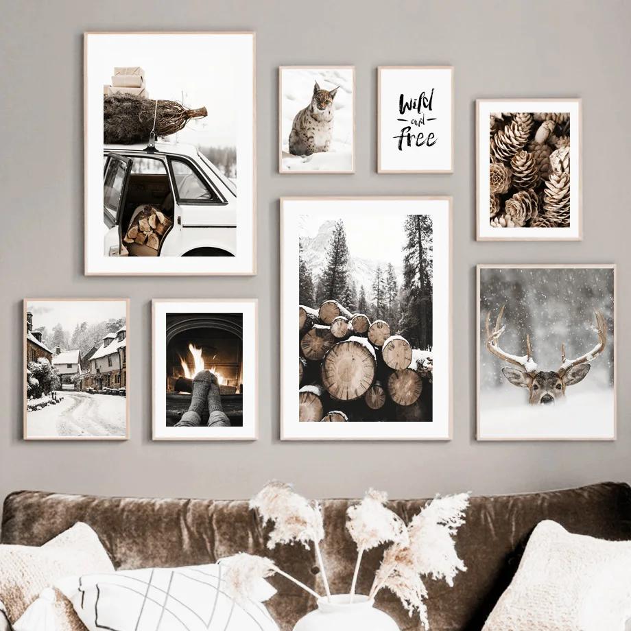 Christmas Winter Pine Forest Deer Lynx Modern Wall Art Canvas Painting Living Room Decoration Posters and Prints Wall Pictures