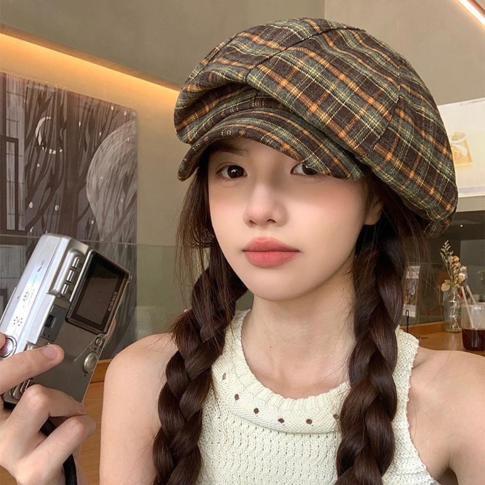 Cotton Grid Beret Cap Thin Women Octagonal Hat Vintage Plaid Cloud Cap  Girls