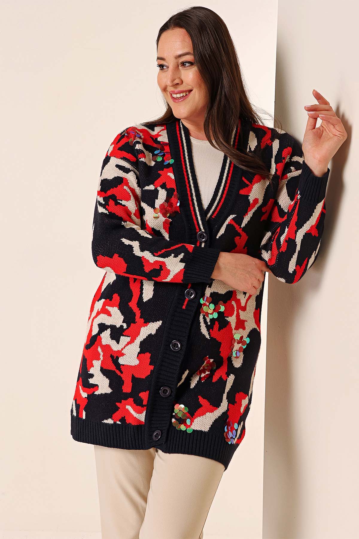 

Длинный вязаный кардиган оверсайз с камуфляжным принтом и пайетками STD темно-синий