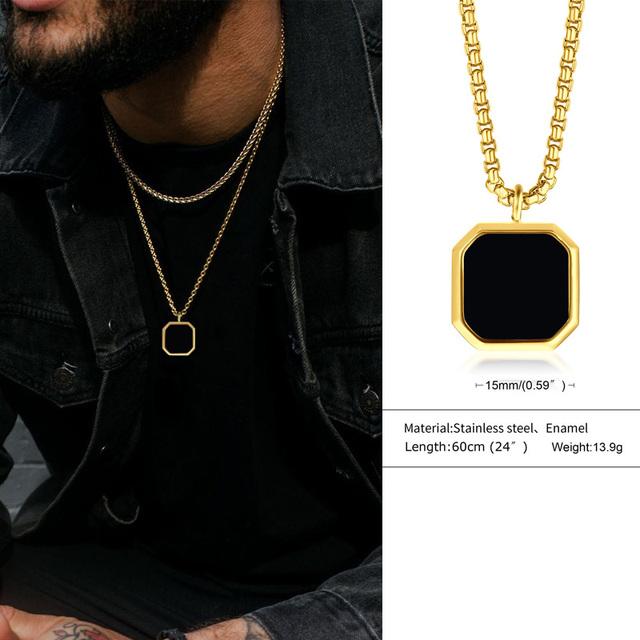 

Геометрическое ожерелье для мужчин, римский амулет, черная квадратная эмалевая подвеска, ожерелье из нержавеющей стали с многоугольниками, мужской минимальный рождественский подарок