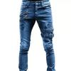 Biker Straight Elastic Jeans Men Zipper Hole Streetwear Punk Skinny Denim Cargo Pants Pantalones Clothing
