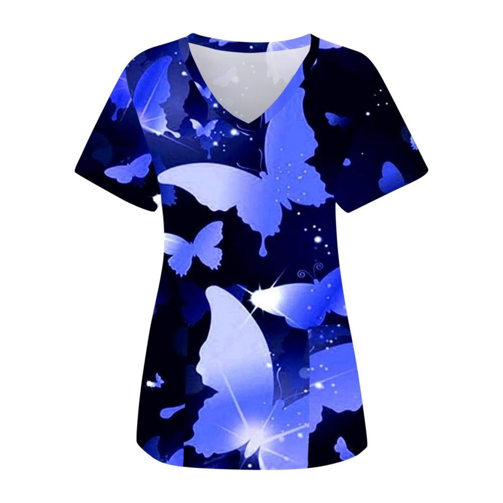 Clinical Uniform Woman Elegant Butterfly Print Summer Microelastic V-Neck Health Care Fashion Short Sleeve Tops Medical Clothes