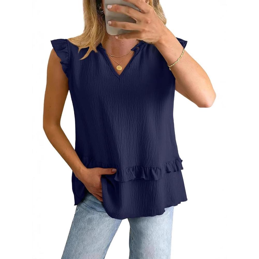 women's Ruffle V Neck Sleeveless Blouse Casual Loose Fit Summer Tunic Tops