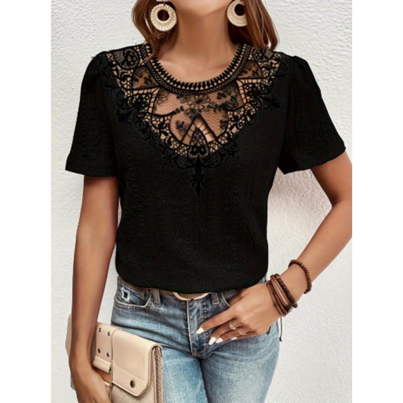 Sommer Neuer Stil Spitze Nähte Hohl Rundhals Einfarbig Kurzarm Hemd Top