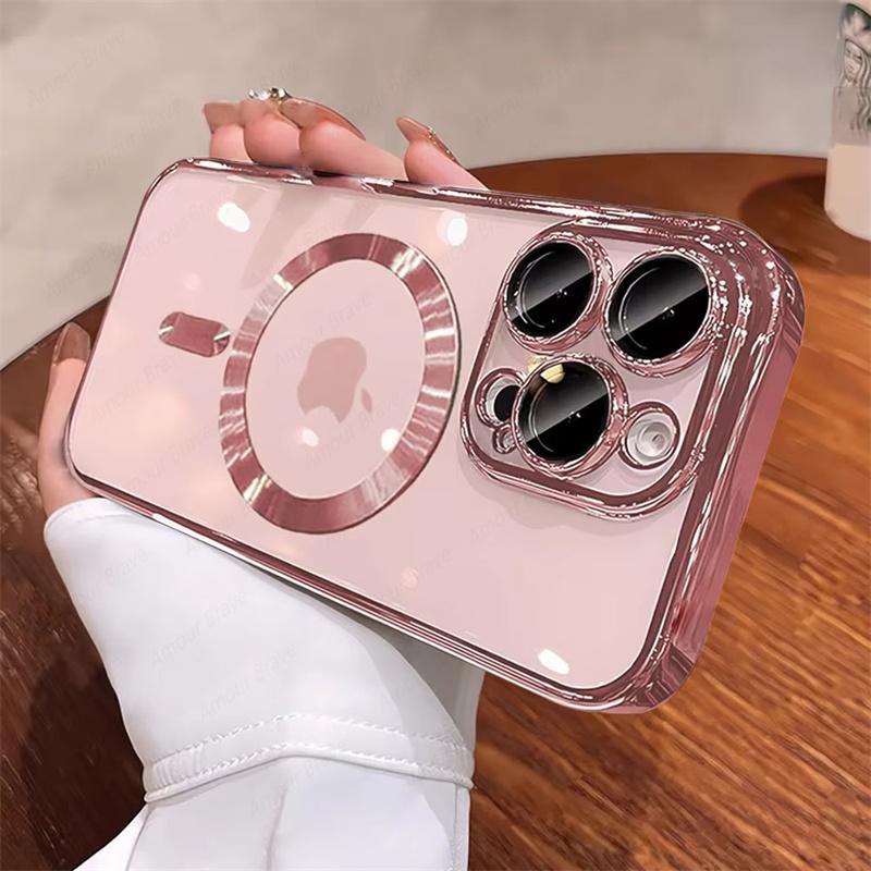 Luxury Magnetic Plating Clear Phone Case For iPhone 16 15 14 13 12 11 Pro Max 16 Plus For Magsafe Wireless Charging Cover Cases