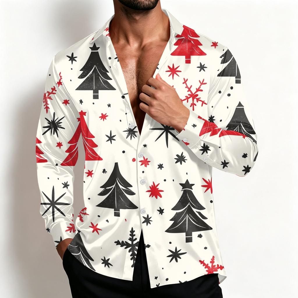 Men's Casual Christmas Shirt Jacket with Turn-Down Collar, Loose Fit, Breathable for Spring and Fall