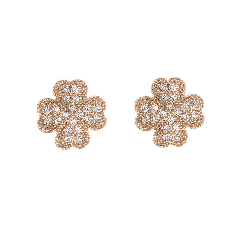 Fashion Four-Leaf Clover Diamond Stud Earrings - Elegant Women's Copper Style