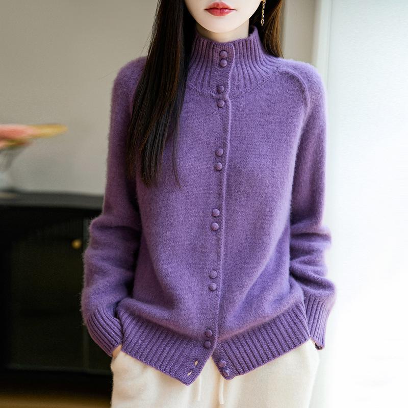 Women's Solid Color Wool Cardigan - High Neck, Long Sleeve, Loose Fit Sweater