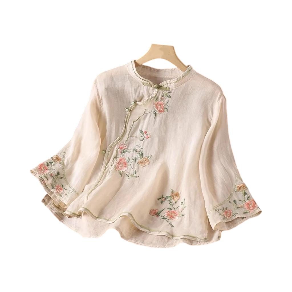 Women's Vintage Inspired Loose Fit Embroidered Mandarin Collar Button Front Cotton Linen Blend Blouse With Three Quarter Sleeves