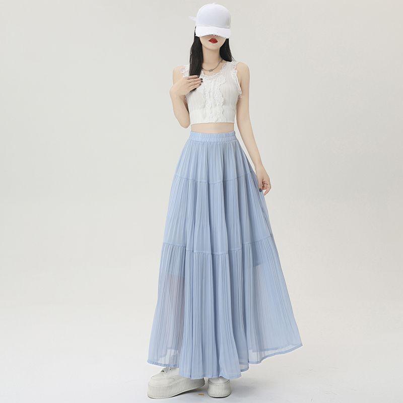 Elegant Purple Chiffon Pleated Half Skirt for Women, Summer High Waist Slim A-line Umbrella Long Swing Skirt