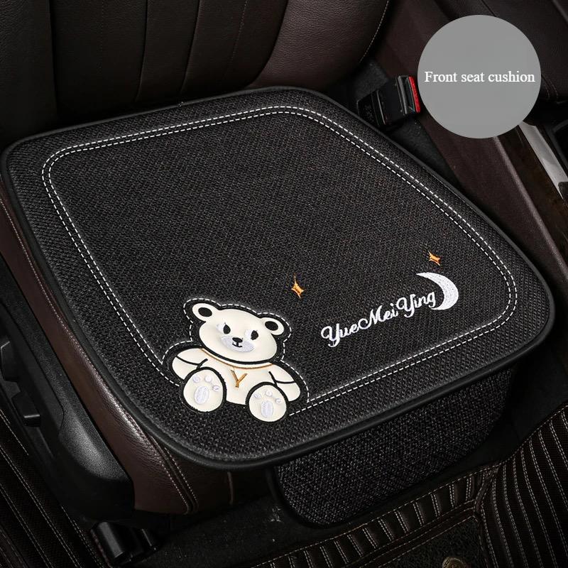 Universal Car Seat Cushion Three Piece Set Linen Breathable Summer Cushion Cute Cartoon Design All Season Comfortable Seat Pad