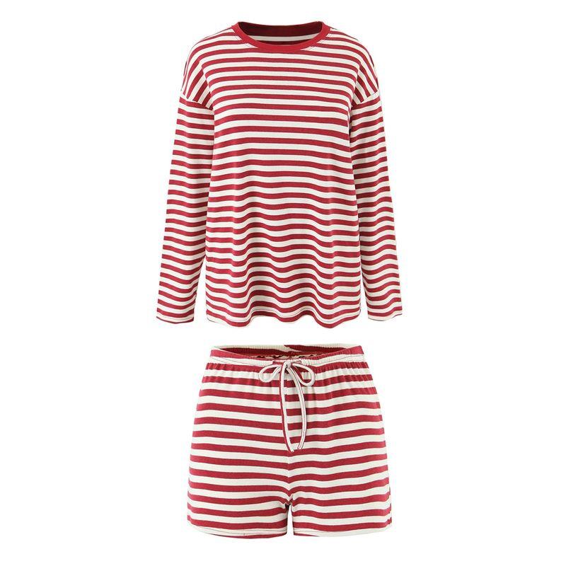 Classic Stripes American Sexy Japanese Magazine Wind Sloth Loose Contrast Color round Neck Long Sleeves T-shirt Slimming Shorts Two-piece Set